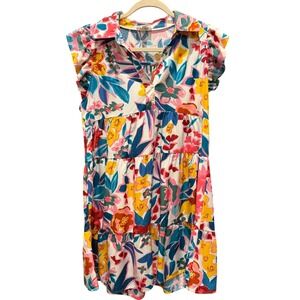Umgee Floral Tiered Babydoll Dress Multicolor Ruffle Cap Sleeve Womens S